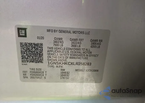 2020 Chevrolet Suburban 4Wd Lt z USA, uszkodzony, nr VIN 1GNSKHKCXLR258283